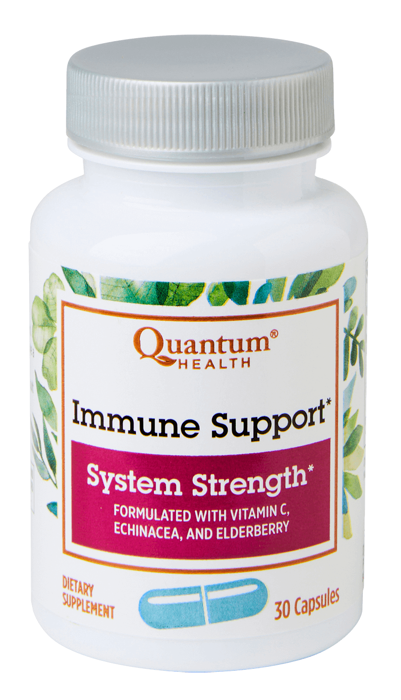 A bottle of Quantum Health Immune Support System Strength capsules with illustrations of echinacea and elderberry, indicating the natural ingredients of the supplement.