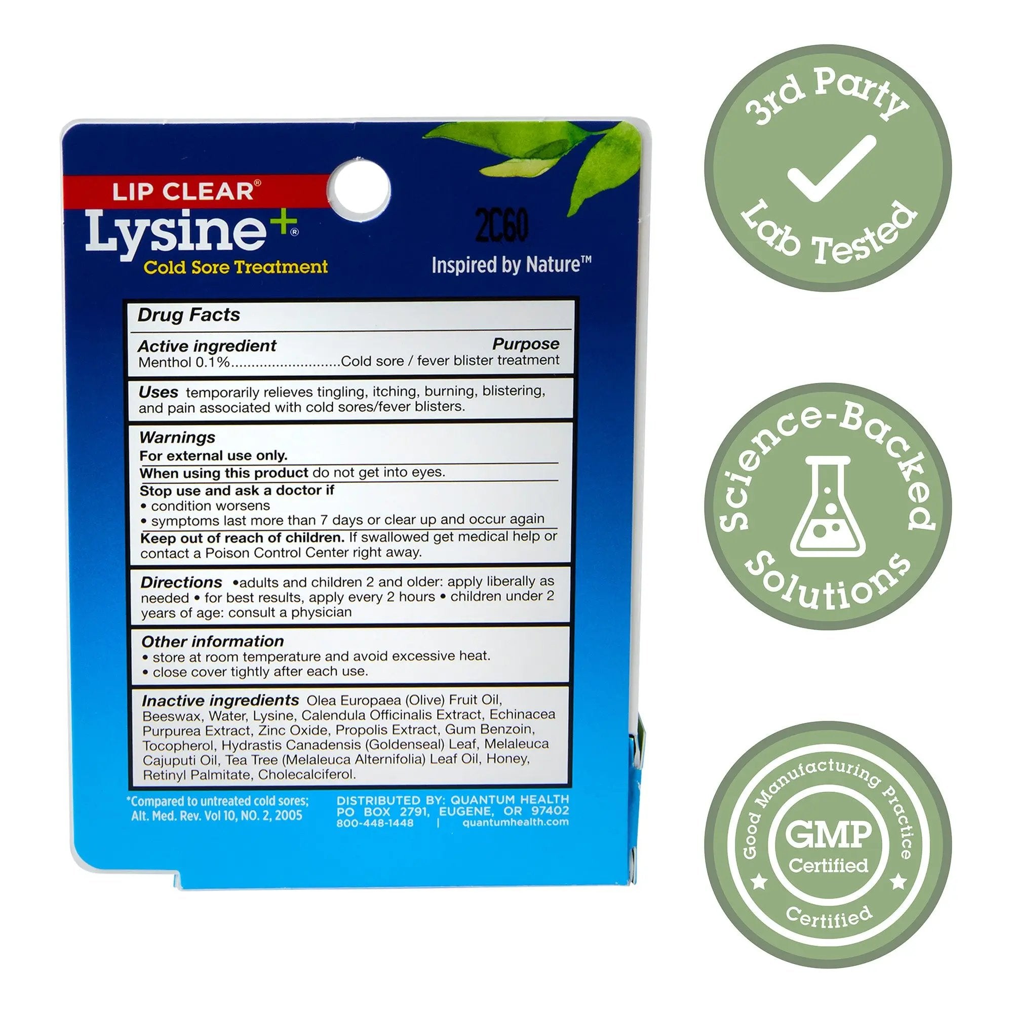 Lysine cold sore treatment packaging with certification badges on a white background