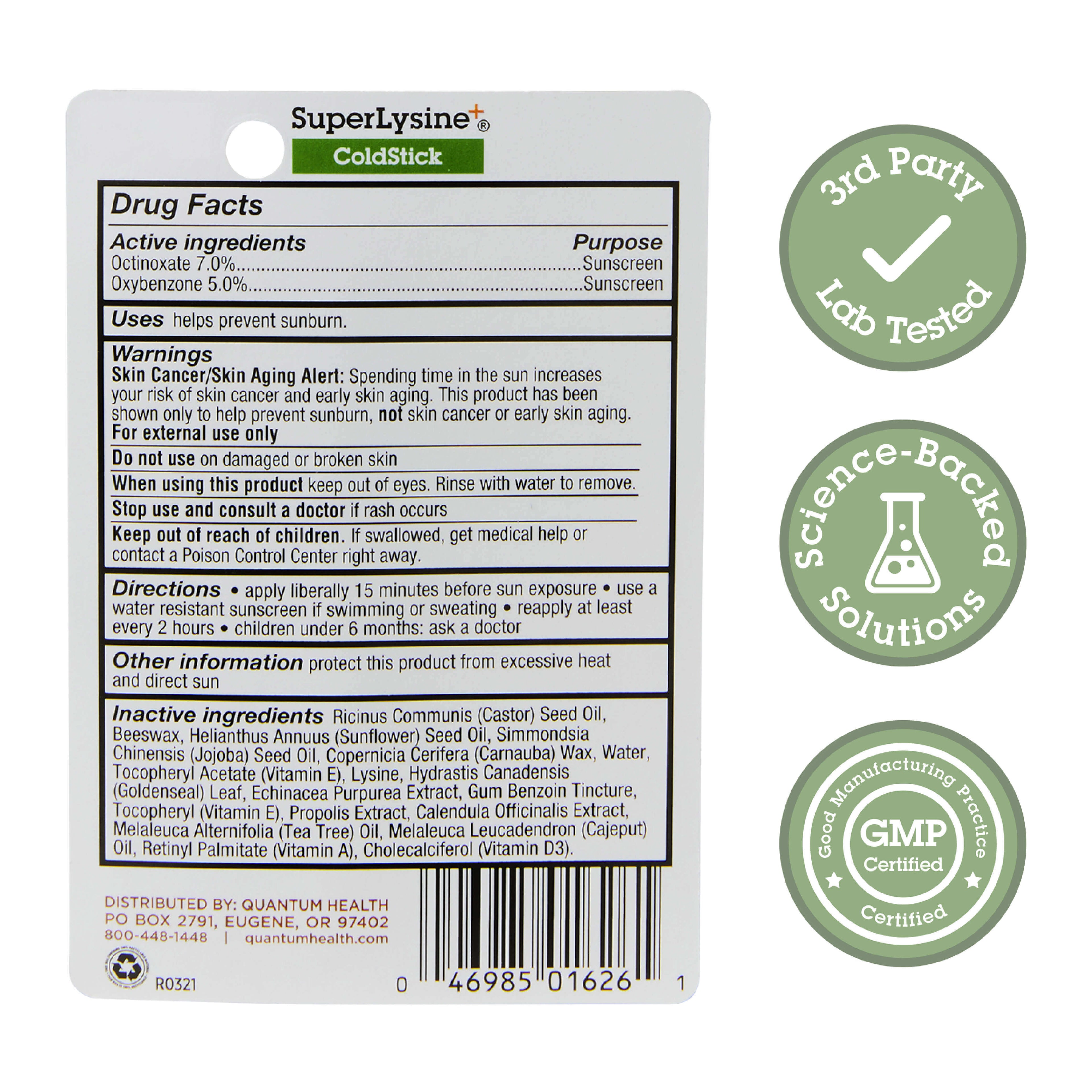 SuperLysine ColdStick sunscreen packaging with label and certification logos.