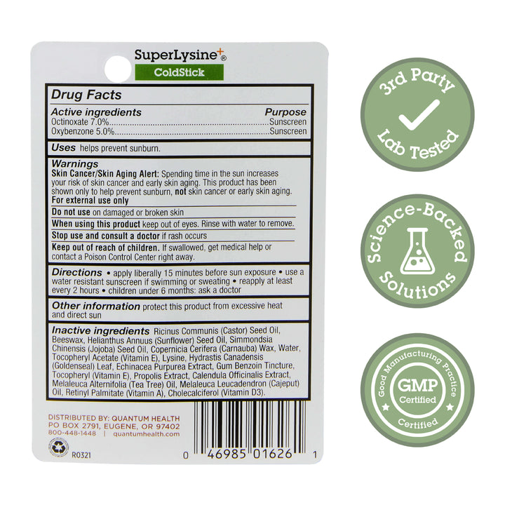 SuperLysine ColdStick sunscreen packaging with label and certification logos.