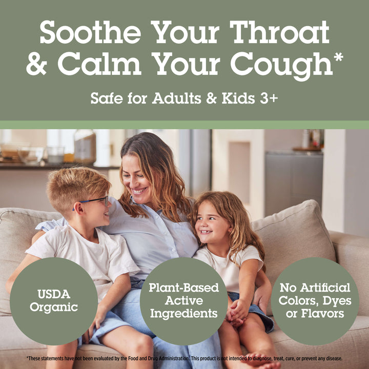 Woman with two children sitting on a couch, with text about a product for soothing throats and calming coughs.