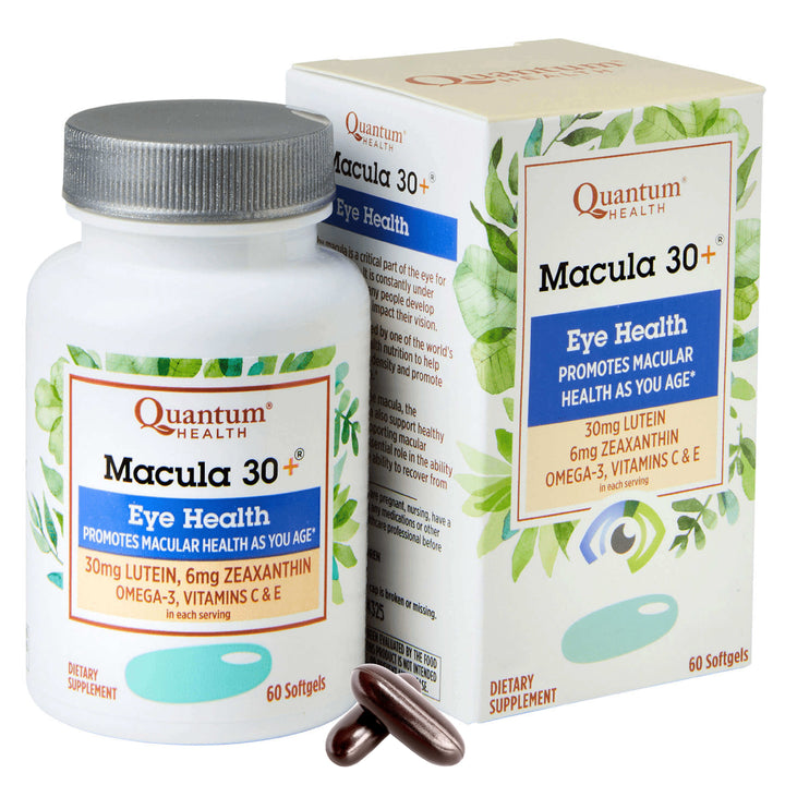 Quantum Health Macula 30+ eye health supplement bottle and packaging on a white background