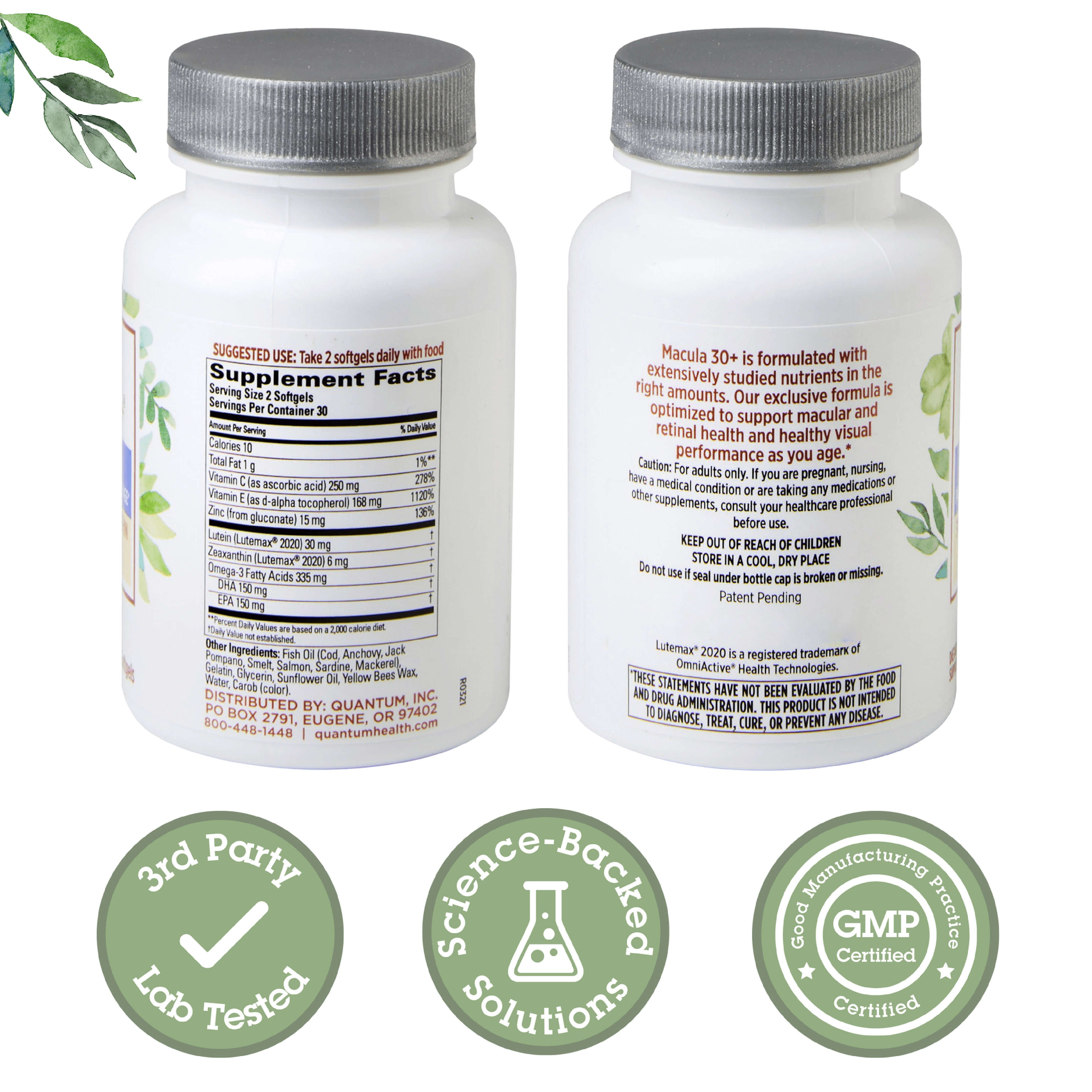 Two sides of a supplement bottle with labels, certification logos, and text on a white background.