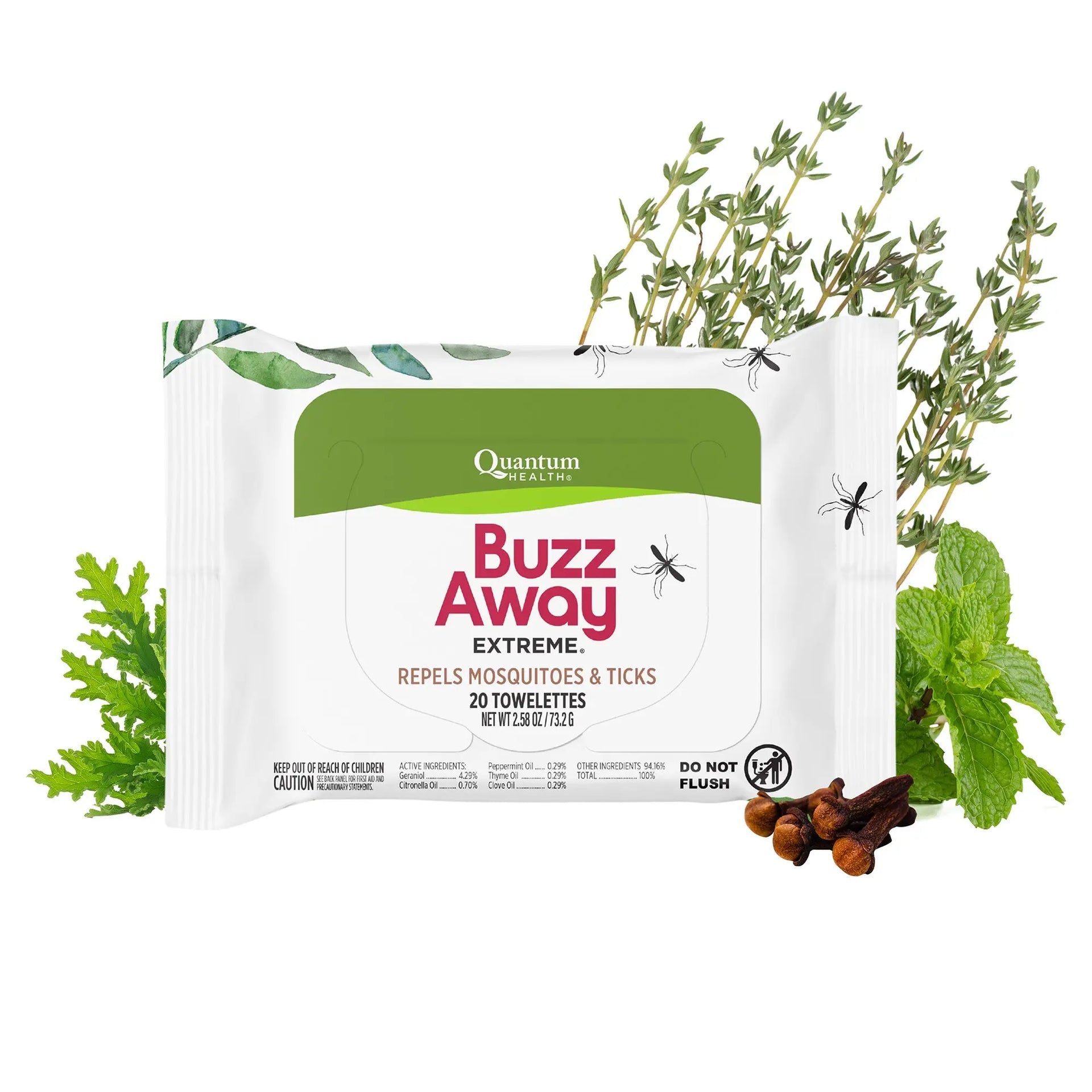 Package of Buzz Away extreme mosquito and tick repellent wipes with herbs and plants on a white background