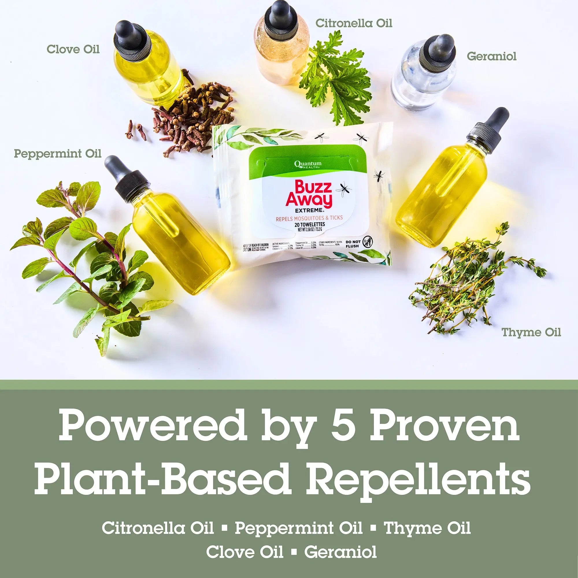 Buzz Away repellent products with plant-based oils on a white background