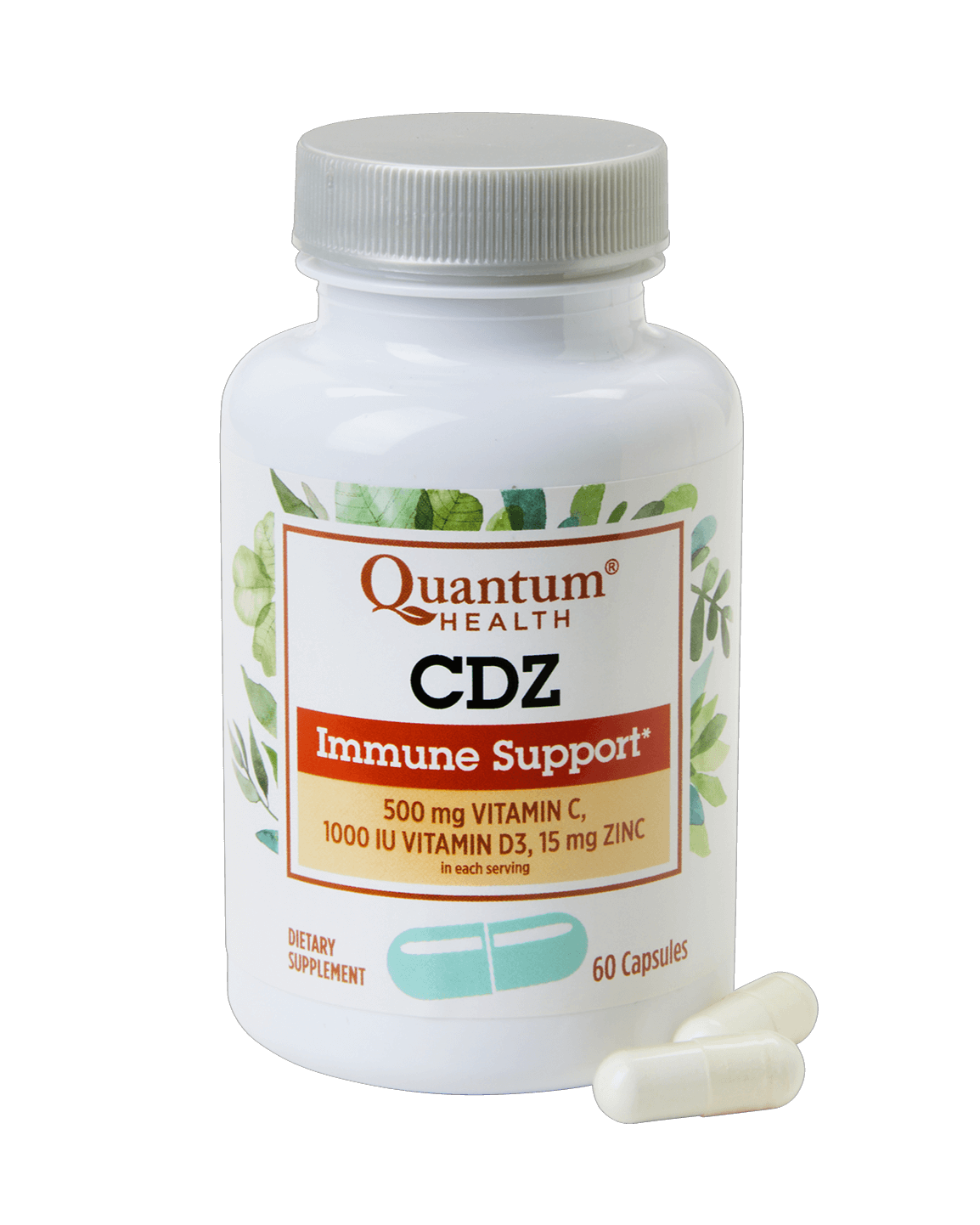 Quantum Health CDZ Immune Support supplement bottle with capsules on a black background