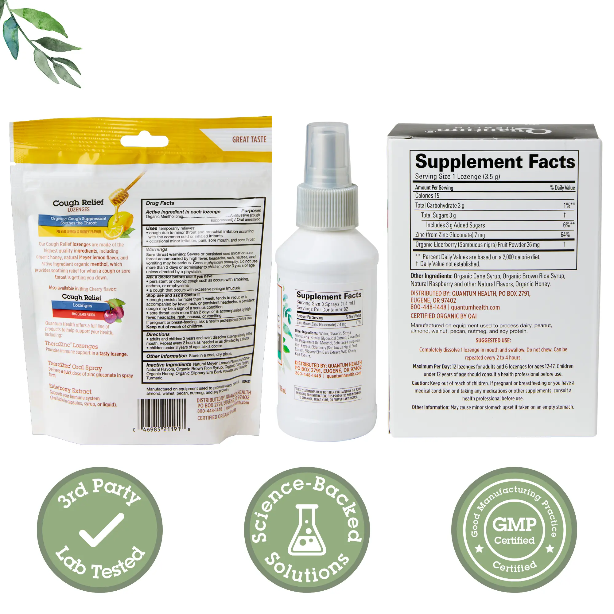 Supplement packaging with labels indicating third-party testing, science-backed solutions, and GMP certification.