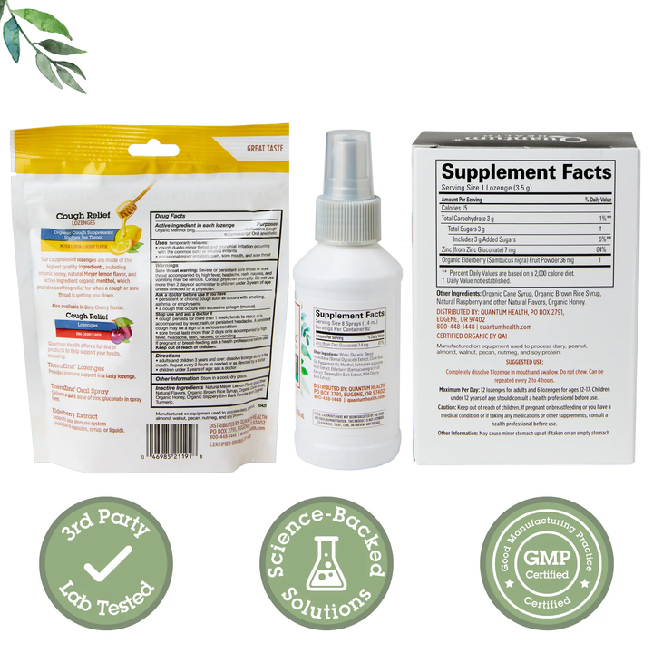 Supplement packaging with labels indicating third-party testing, science-backed solutions, and GMP certification.