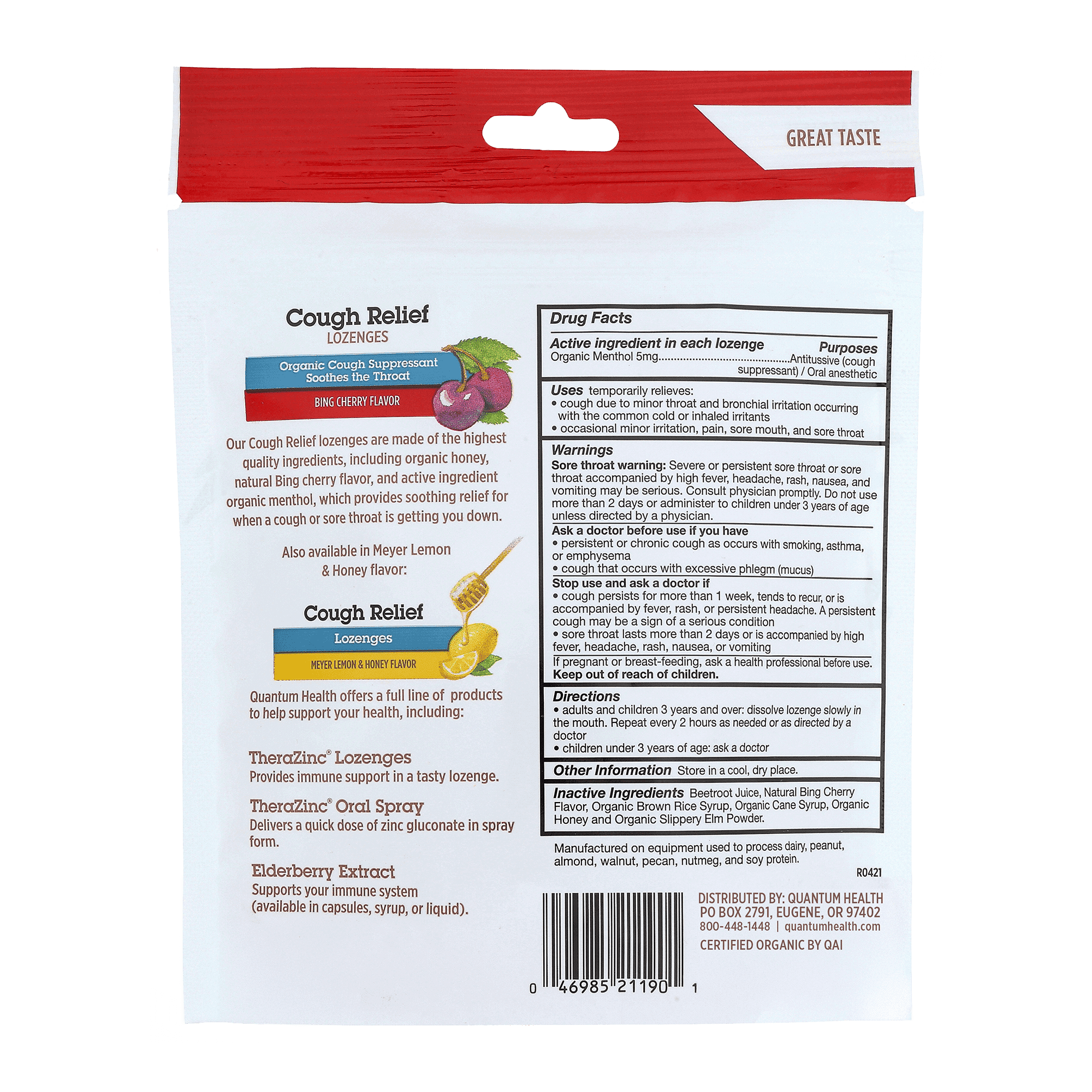 Cough relief lozenge package with red top and white back, featuring text and graphics.