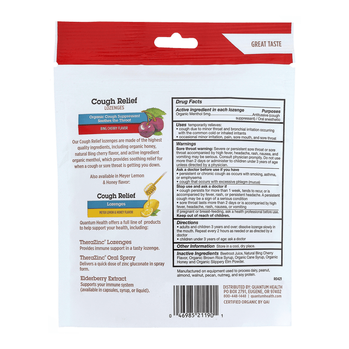 Cough relief lozenge package with red top and white back, featuring text and graphics.