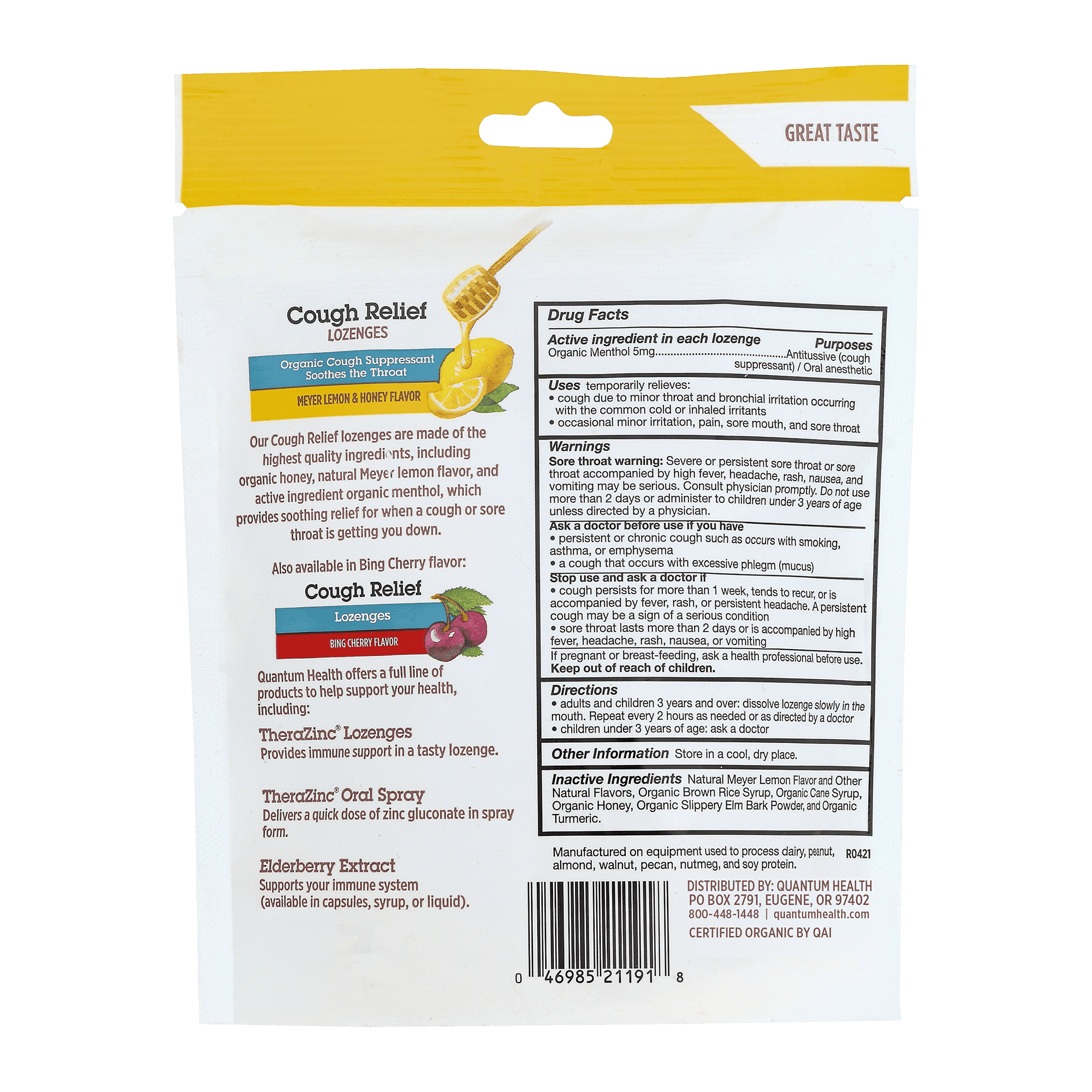 Cough relief package with text and ingredients on a white background