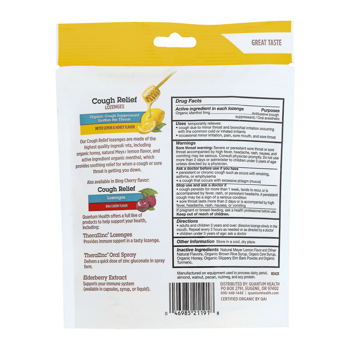 Cough relief package with text and ingredients on a white background