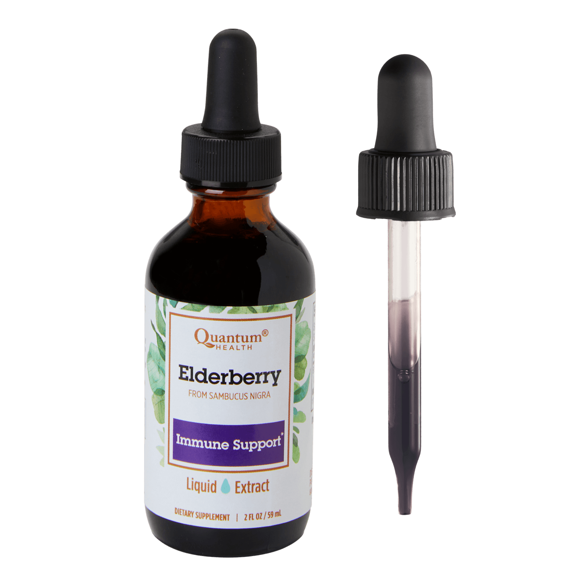 Elderberry immune support liquid supplement bottle with dropper on a white background