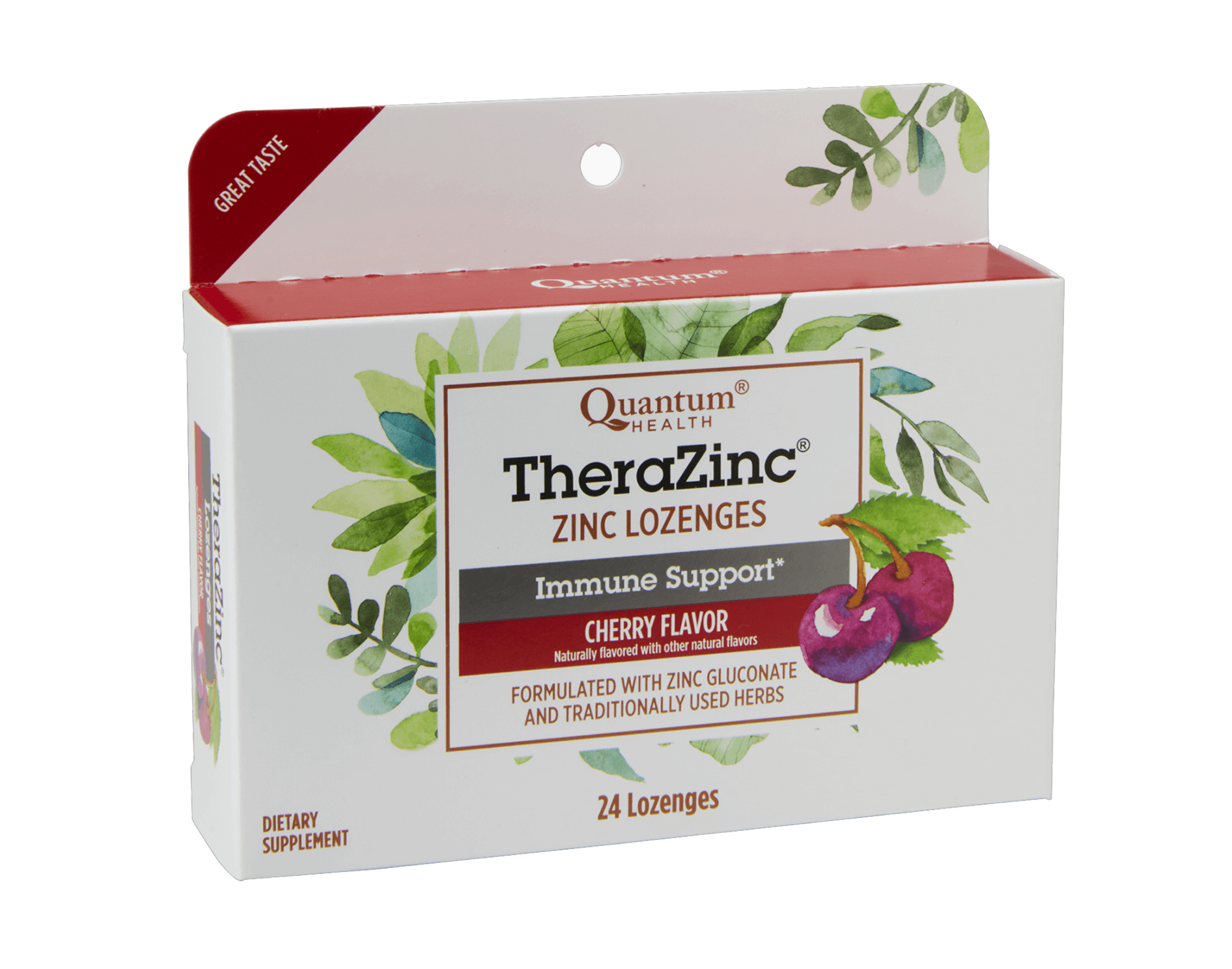 Box of TheraZinc Foil-packed Lozenges in cherry flavor with 24 lozenges, immune support supplement.
