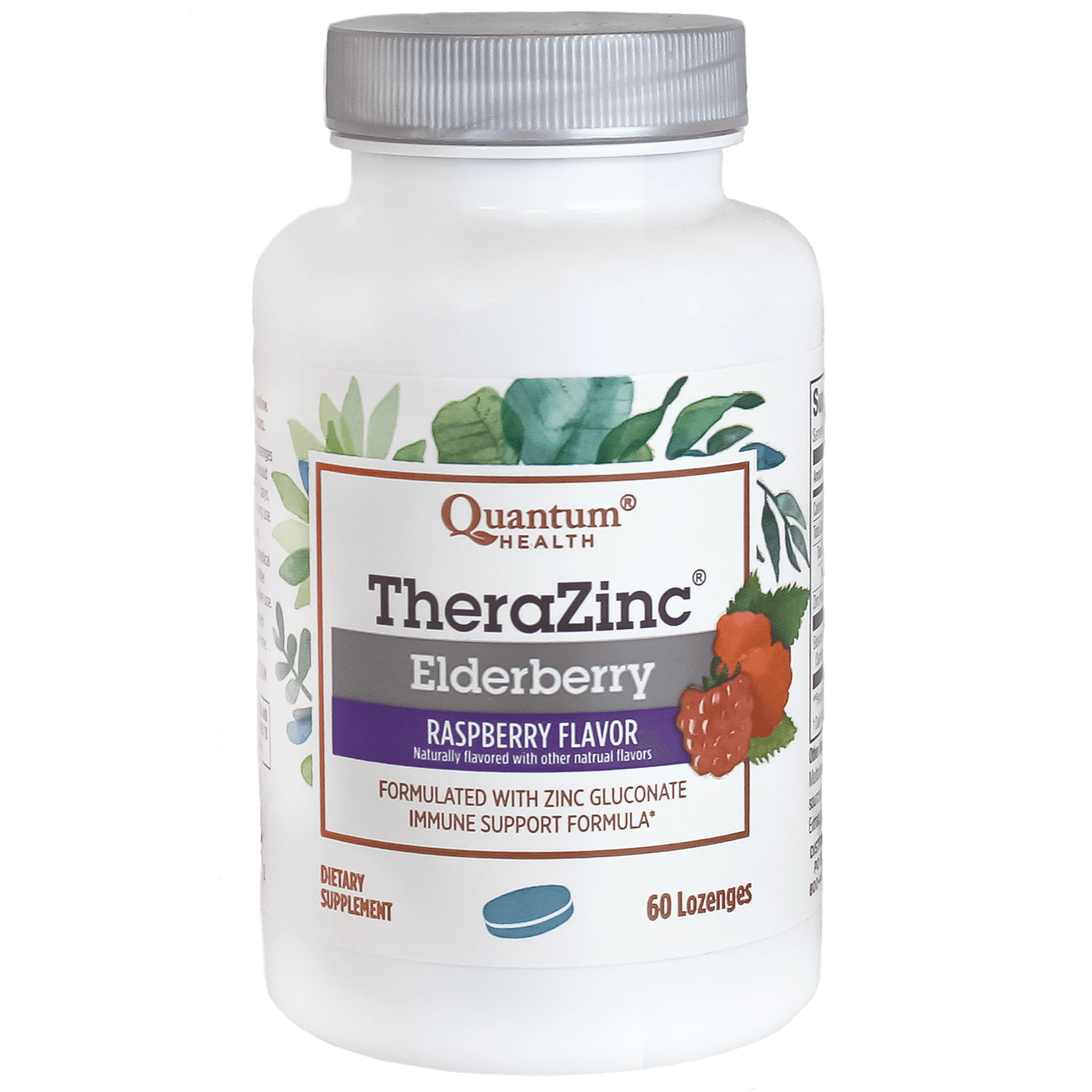 A bottle of TheraZinc Elderberry Lozenges with raspberry flavor. The label shows the brand name and the product name, and it's indicated that the product contains zinc gluconate and elderberry extract.