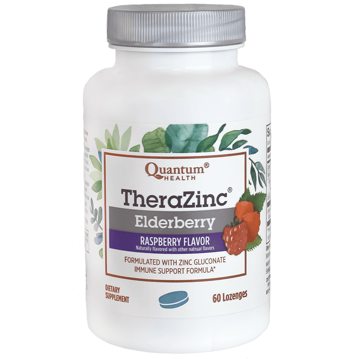 A bottle of TheraZinc Elderberry Lozenges with raspberry flavor. The label shows the brand name and the product name, and it's indicated that the product contains zinc gluconate and elderberry extract.
