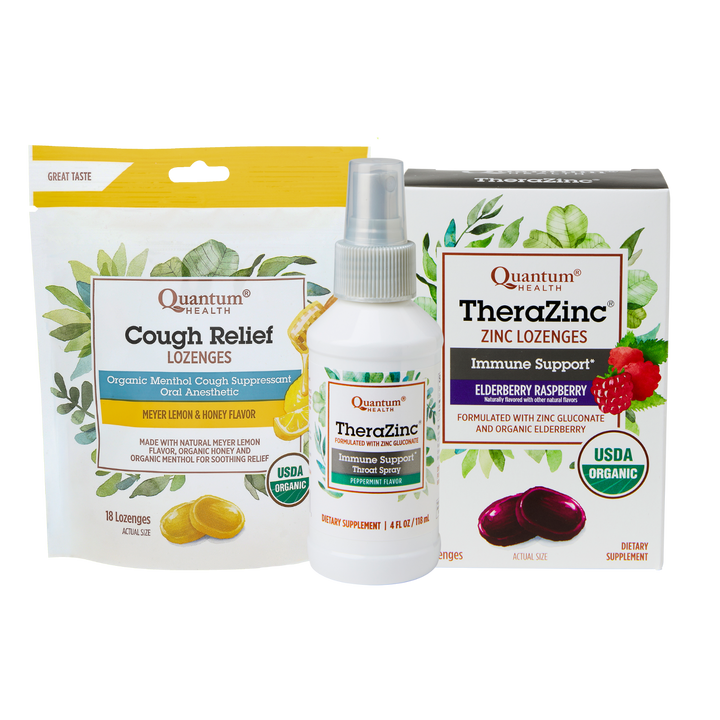 Quantum Health cough relief lozenges, zinc lozenges, and spray on a white background