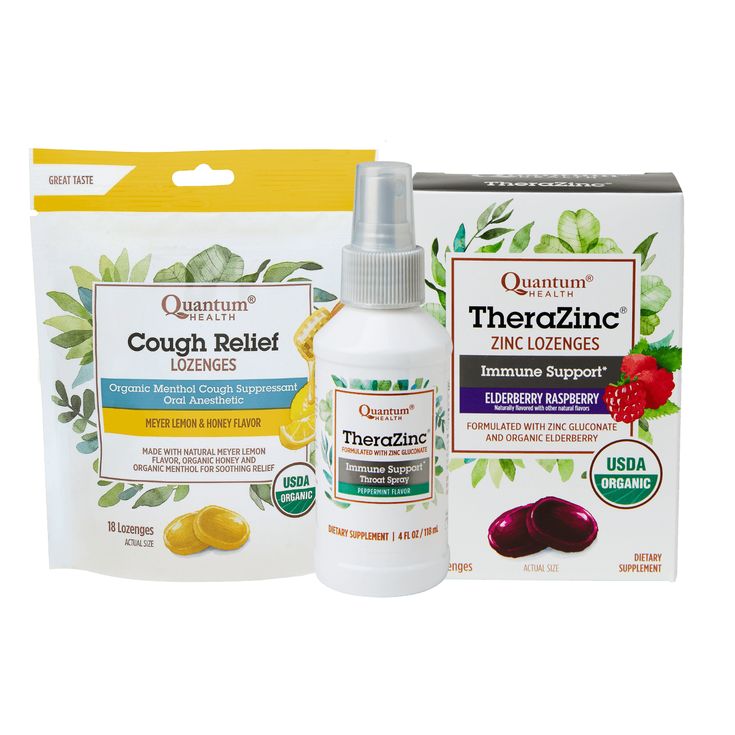 Quantum Health cough relief lozenges, zinc lozenges, and spray on a white background