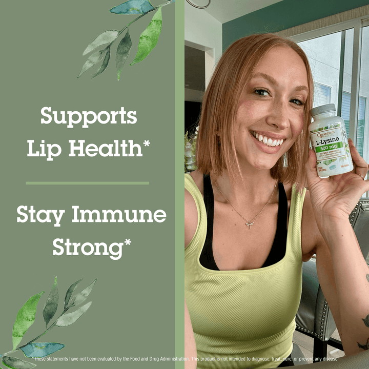 Woman holding a supplement bottle with text about lip health and immune support on a green background.