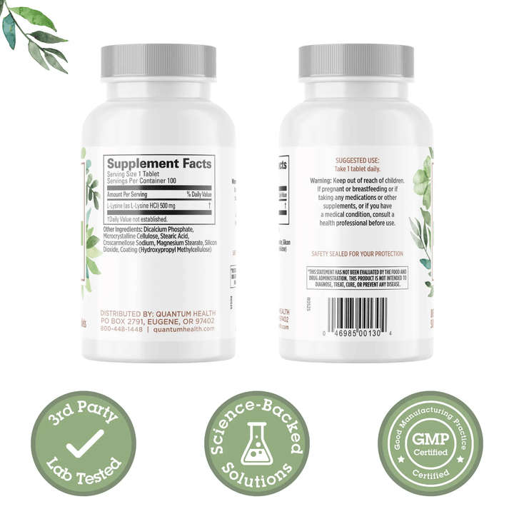 Two supplement bottles with labels, certification logos, and text on a white background.