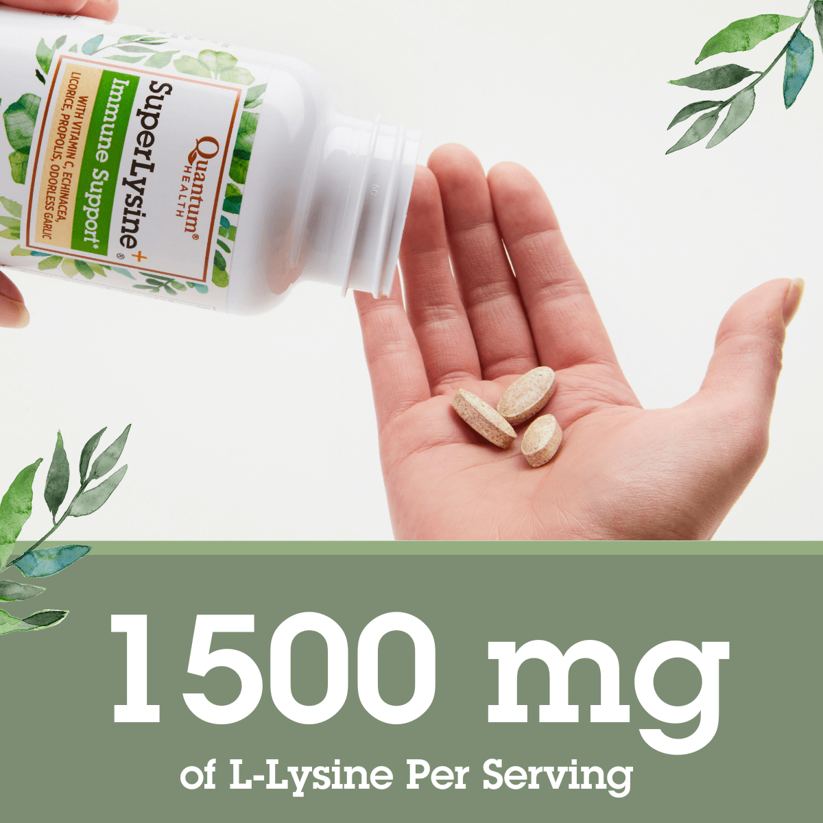 Supplement bottle labeled 'Superlysine' with pills in a hand, on a light background with green leaves.