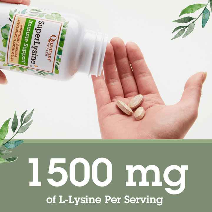 Supplement bottle labeled 'Superlysine' with pills in a hand, on a light background with green leaves.