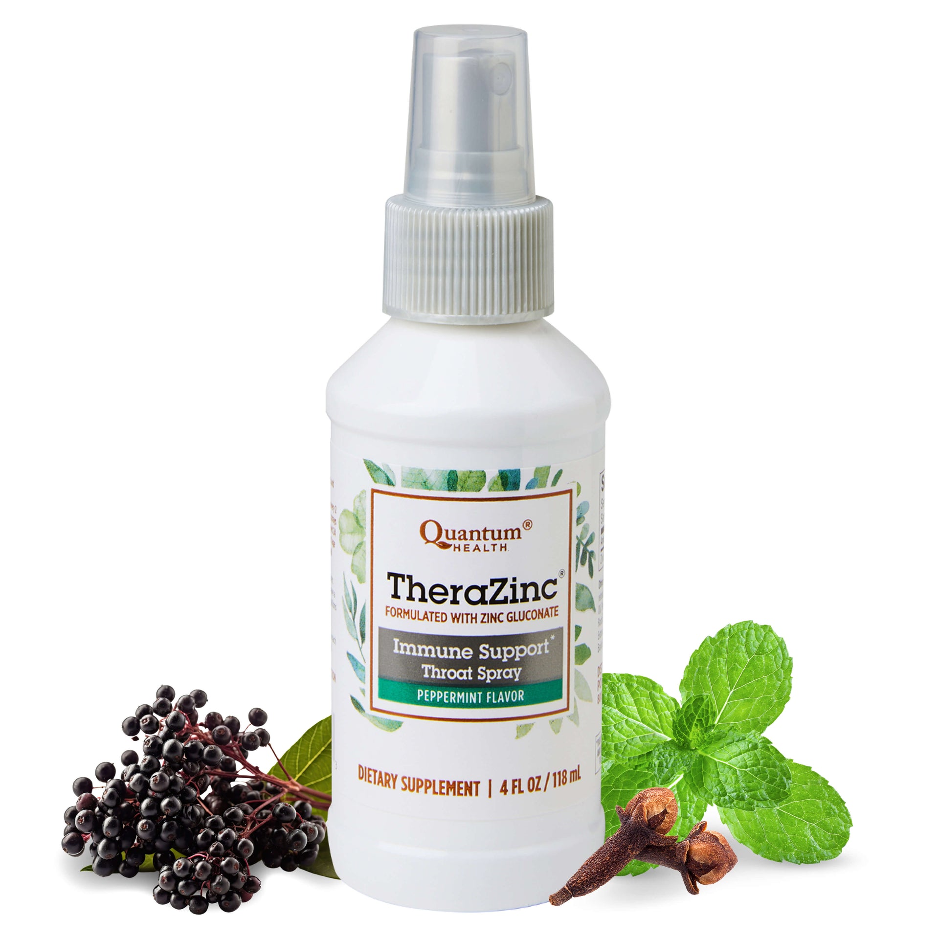 TheraZinc immune support spray bottle with herbs on a white background