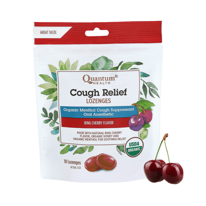 Quantum Health Cough Relief Lozenges packaging with cherry illustration on a white background