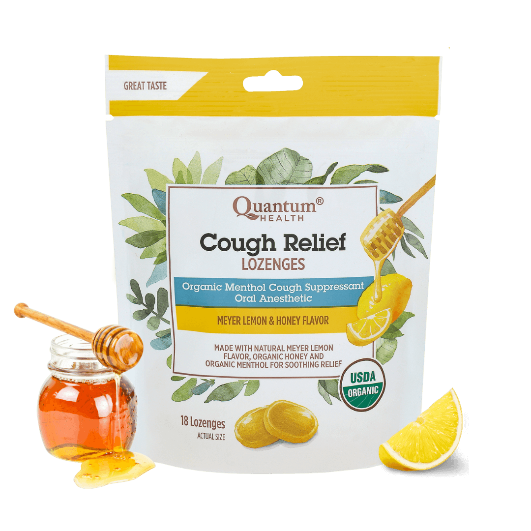 Quantum Health Cough Relief Lozenges packaging with honey and lemon on a white background