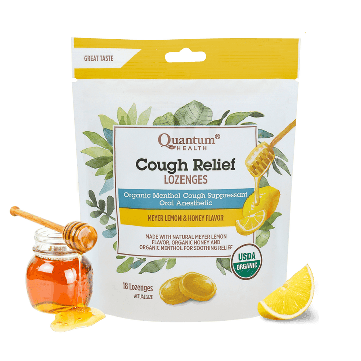 Quantum Health Cough Relief Lozenges packaging with honey and lemon on a white background