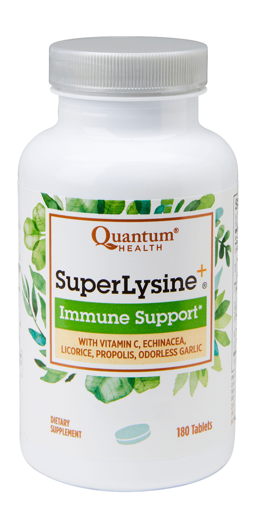 A bottle of Quantum Health SuperLysine+ Immune Support supplement with lysine and other immune health nutrients, containing 90 tablets.