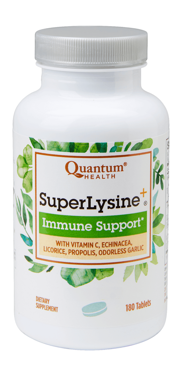 A bottle of Quantum Health SuperLysine+ Immune Support supplement with lysine and other immune health nutrients, containing 90 tablets.