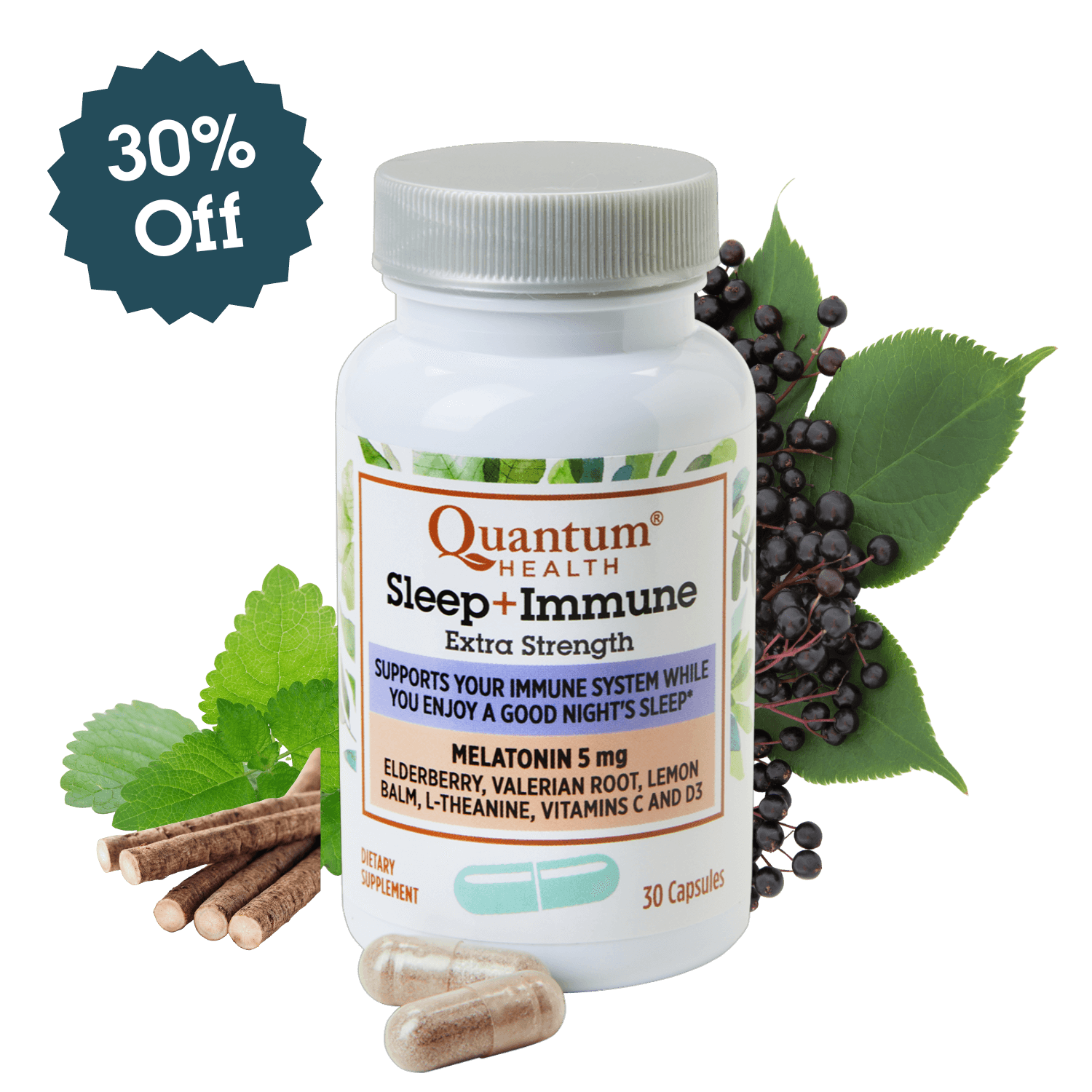 Quantum Health Sleep + Immune supplement bottle with ingredients and discount label on a white background