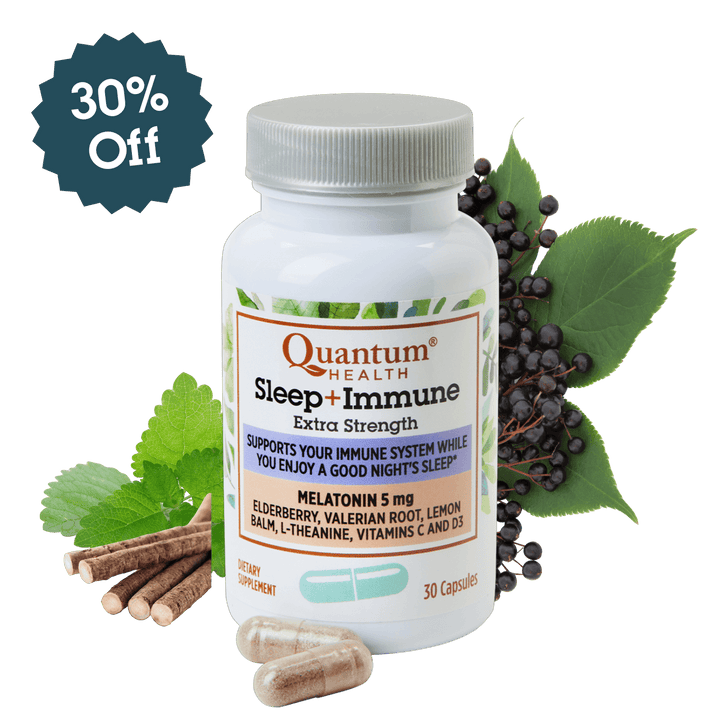 Quantum Health Sleep + Immune supplement bottle with ingredients and discount label on a white background