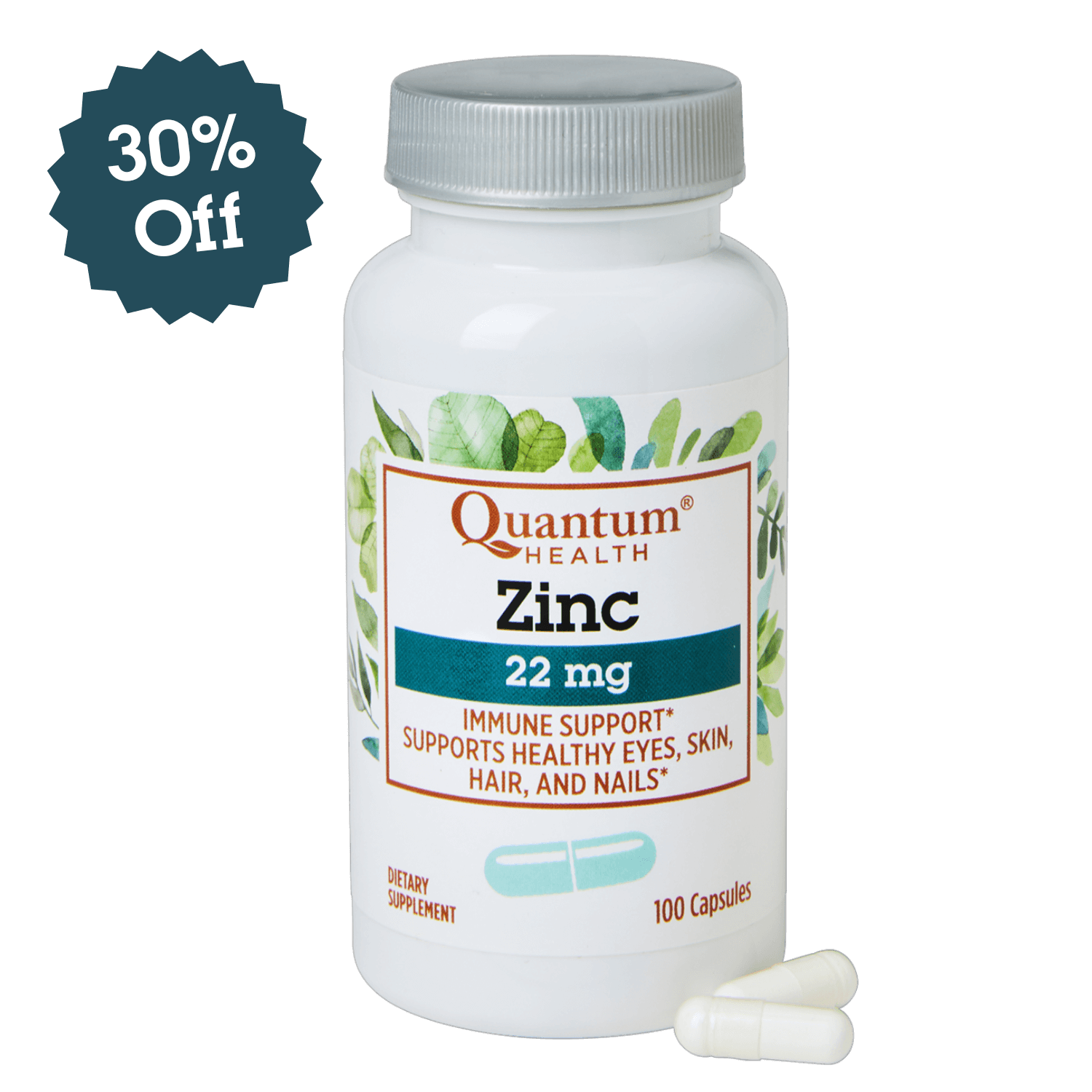 Quantum Health Zinc supplement bottle with a discount label on a white background