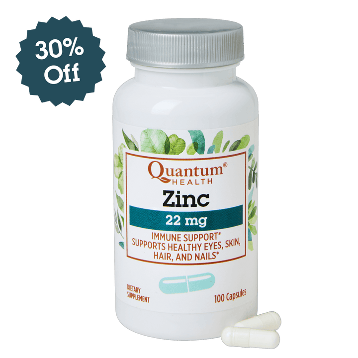Quantum Health Zinc supplement bottle with a discount label on a white background