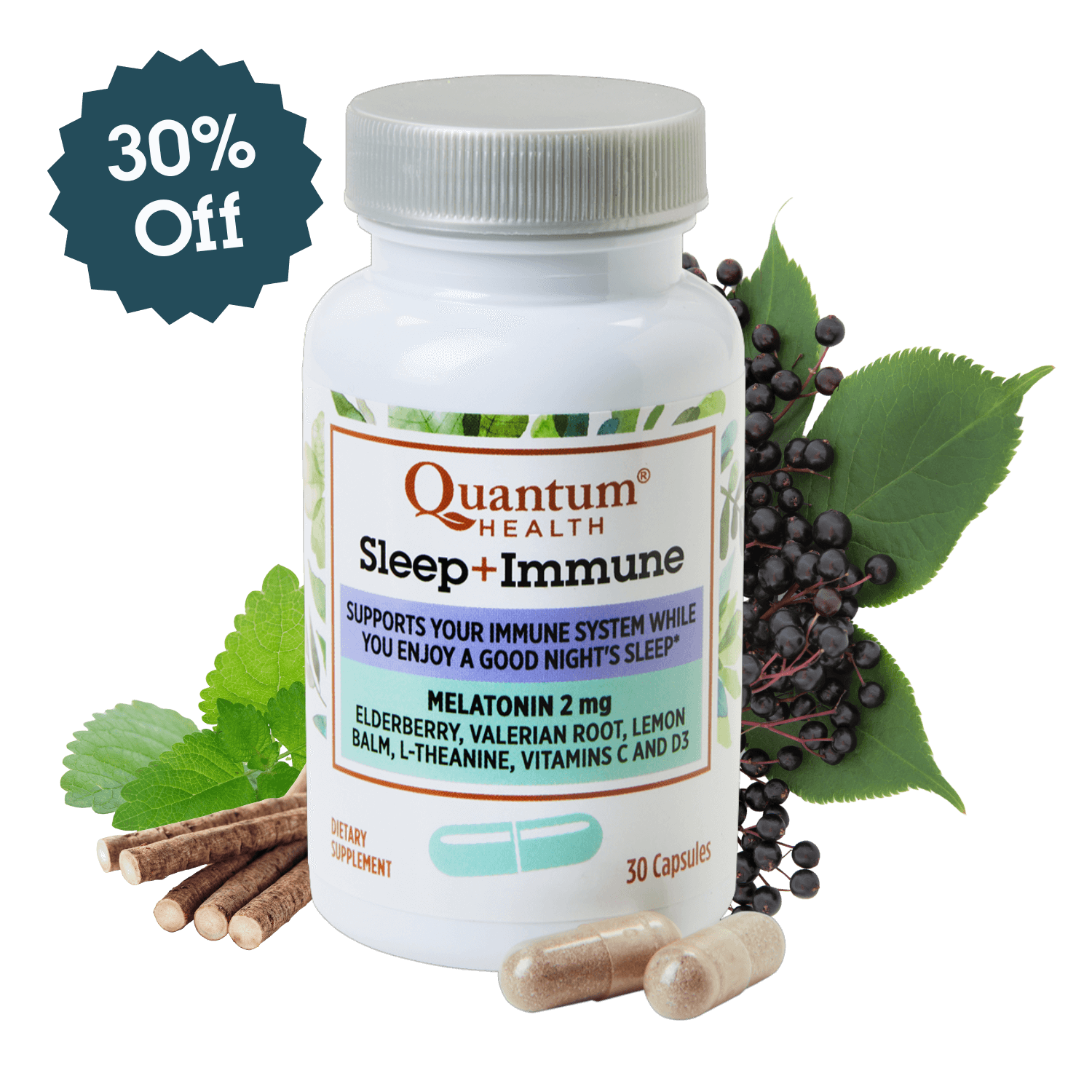 Quantum Health Sleep + Immune supplement bottle with ingredients and discount label on a white background