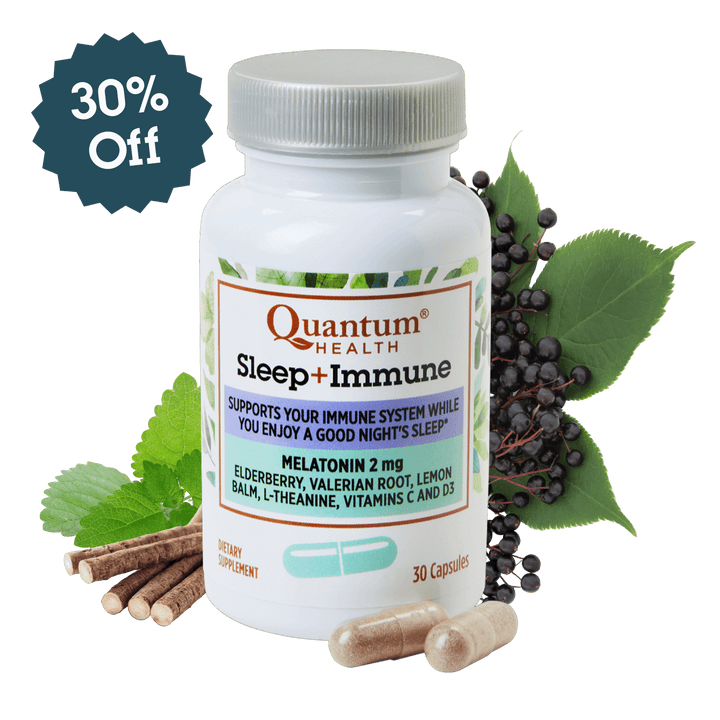 Quantum Health Sleep + Immune supplement bottle with ingredients and discount label on a white background