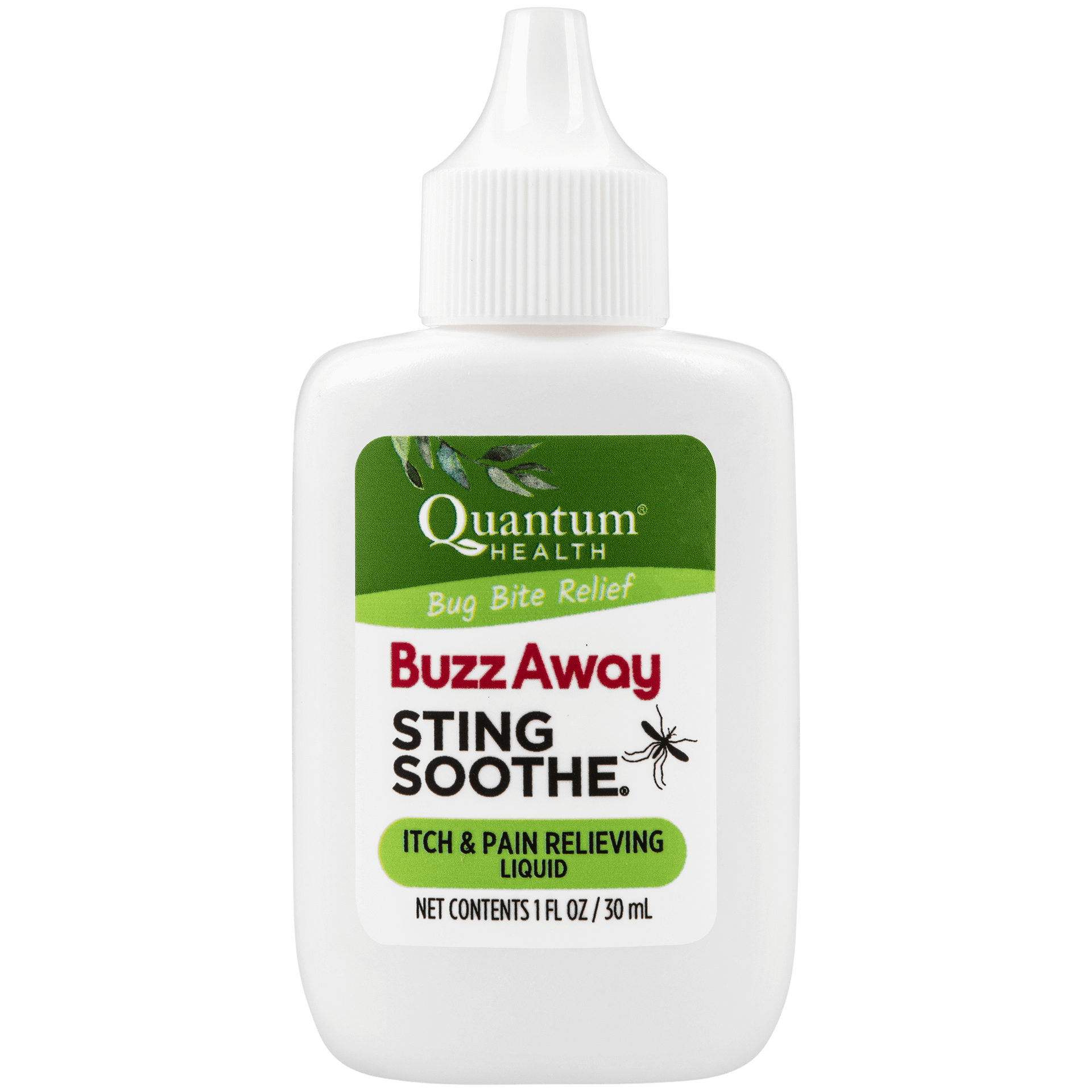 A bottle of Quantum Health Buzz Away Sting Soothe spray for bug bite relief, itch and pain relieving liquid in a white bottle with a green label.
