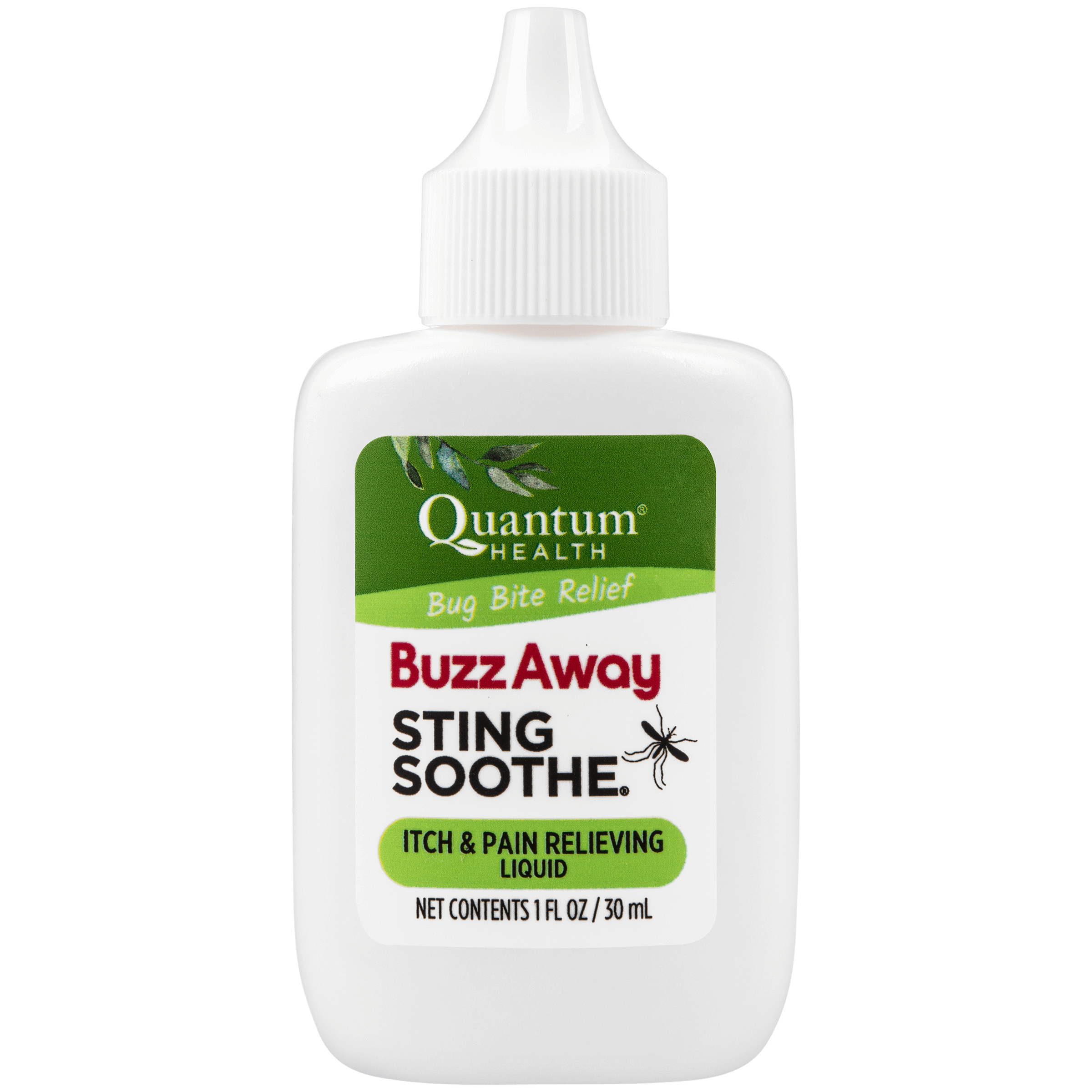 A bottle of Quantum Health Buzz Away Sting Soothe spray for bug bite relief, itch and pain relieving liquid in a white bottle with a green label.