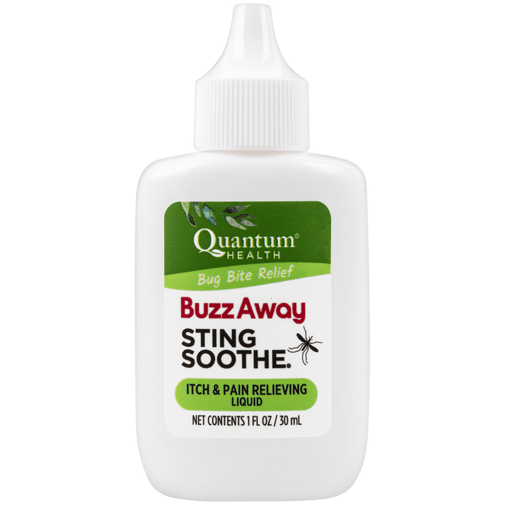 A bottle of Quantum Health Buzz Away Sting Soothe spray for bug bite relief, itch and pain relieving liquid in a white bottle with a green label.