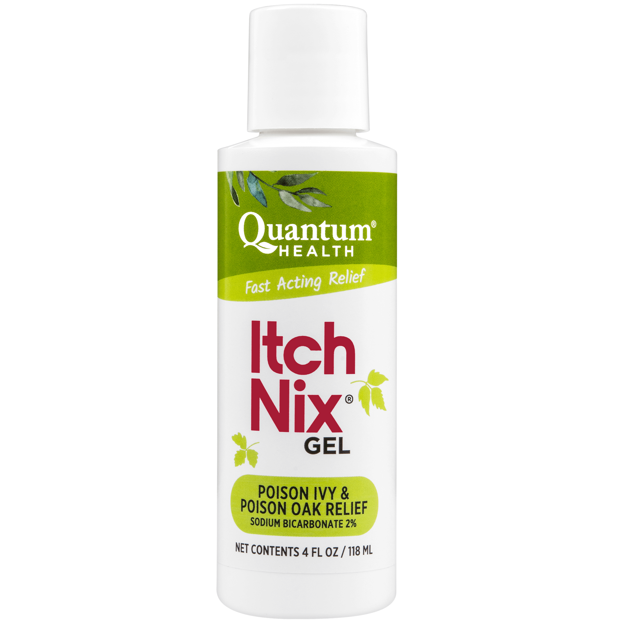 A bottle of Itch Nix Gel by Quantum Health, which is intended for poison ivy and oak relief.