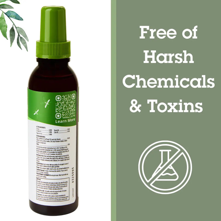 Bottle with green cap and label on a white background with text about being free of harsh chemicals and toxins.