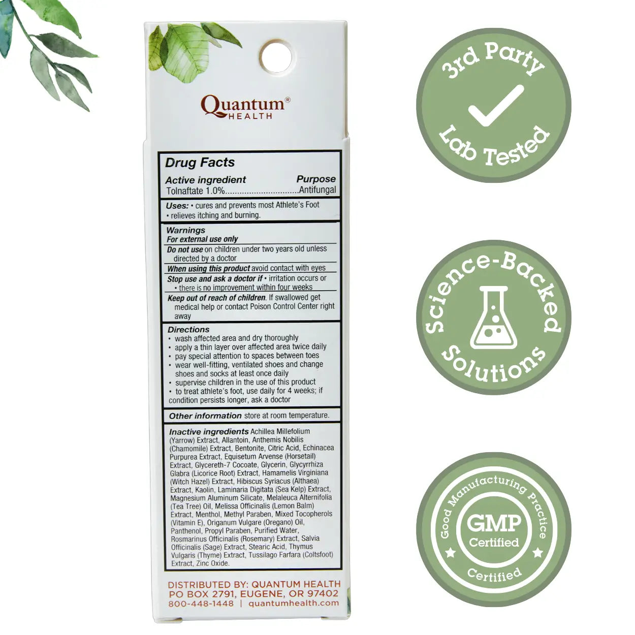 Quantum Health athletes foot cream label with certification logos on a white background