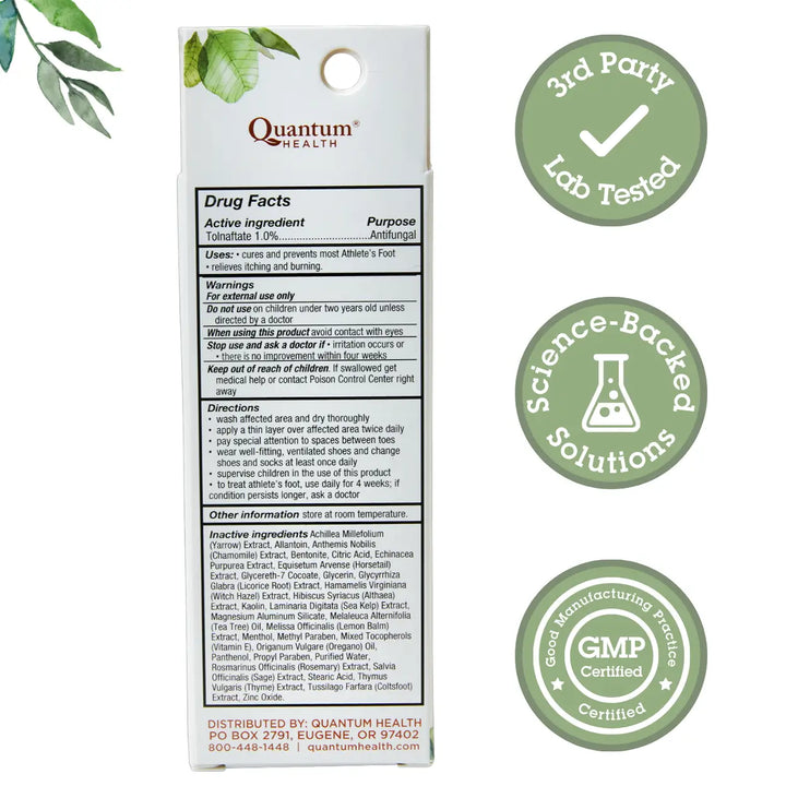 Quantum Health athletes foot cream label with certification logos on a white background