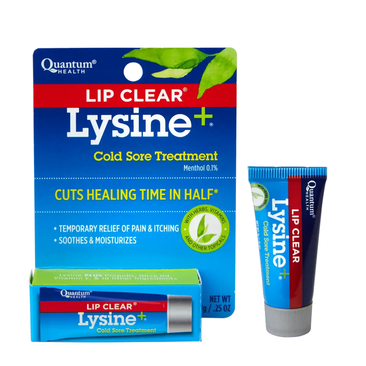 Quantum Health Lip Clear Lysine+ cold sore treatment packaging and tube o