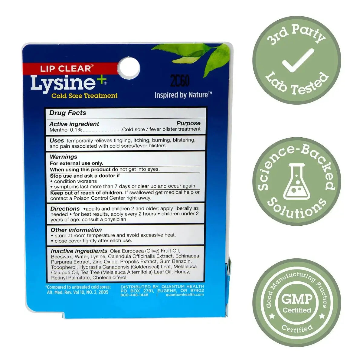 Lysine cold sore treatment packaging with certification badges on a white background