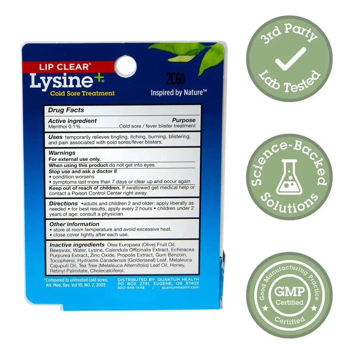 Lysine cold sore treatment packaging with certification badges on a white background