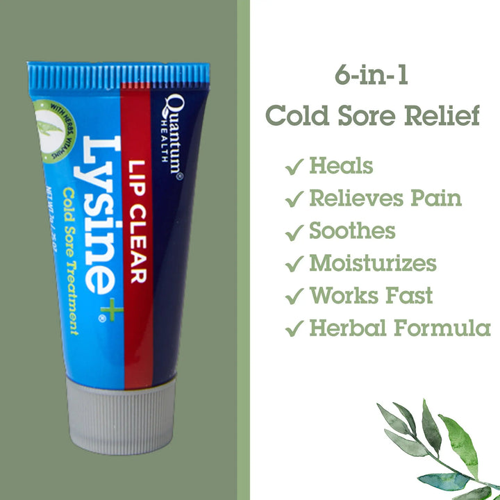 Lysine lip balm tube with Quantum Health branding on a green background