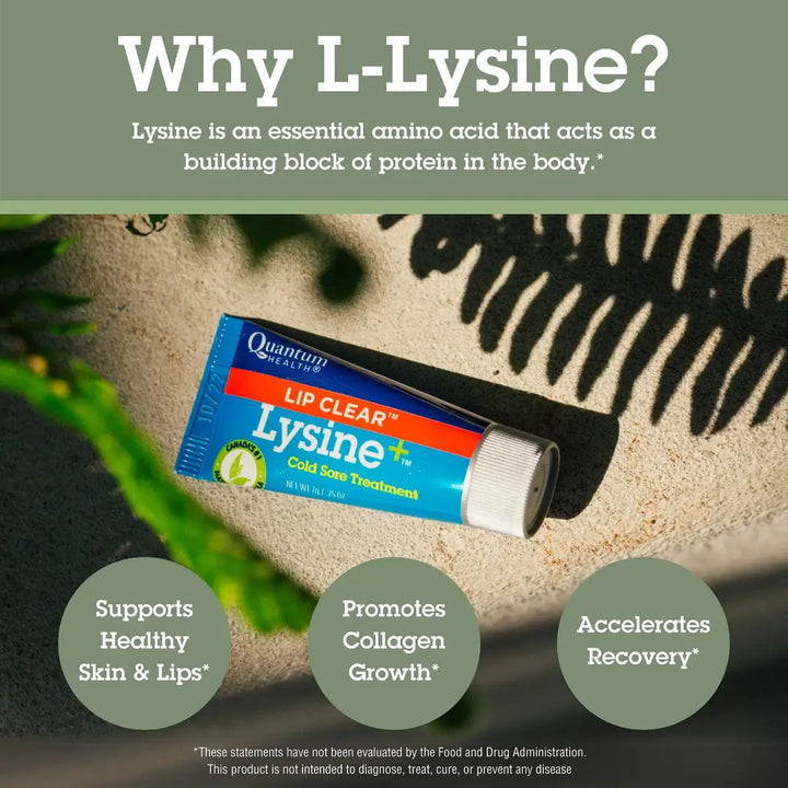 Lip Clear L-lysine ointment on a stone surface with text about its benefits.
